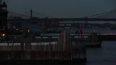 Ferry Docking with Brooklyn bridge in New York City East River Stock Footage 54593197