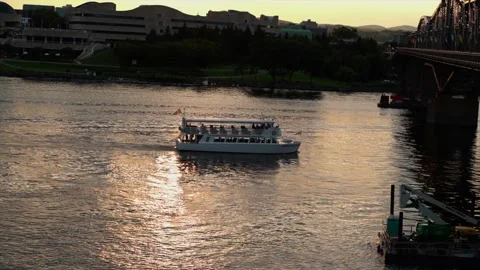 Ferry going under the bridge Stock Footage 136980132