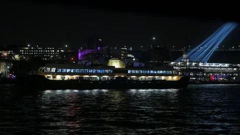 Ferry In Harbour At Night Stock Footage