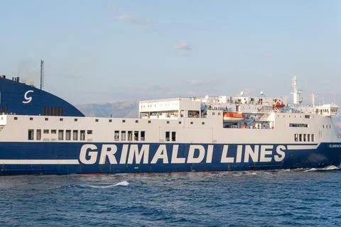 Ferry navigating mediterranean waters carrying passengers cargo 스톡 사진
