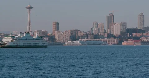 Ferry passing Seattle Space Needle Video stock 137494719