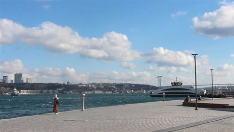 A Ferry Pier At Bosphorus Coast On A Spring, Cloudy Morning Stock Footage 105638025