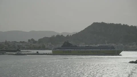 A ferry pulling out of Zakynthos Harbour in Greece Stock Footage 238844325
