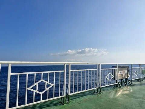 Ferry railing and empty ocean view Stock Photos