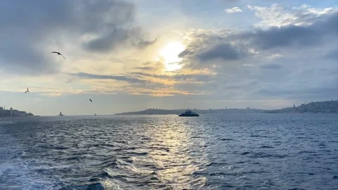 Ferry ride on the Bosphorus. The ferry sails along the Bosphorus. Golden sunset Video stock 203815340