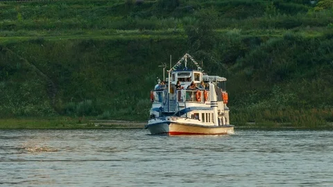 Ferry on the river sunset landscape Stock Footage 87812267