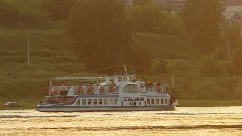 Ferry on the river sunset landscape Stock Footage 87854161