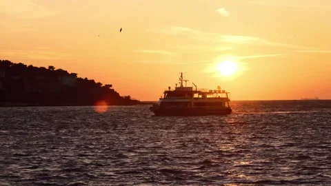 Ferry Sailing on Sunset Time Stock Footage 267107285