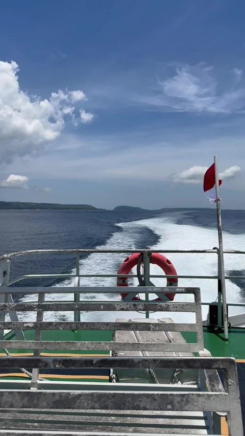 Ferry scene description, vivid image of boat journey, calm ocean voyage with Stock Footage 324807388