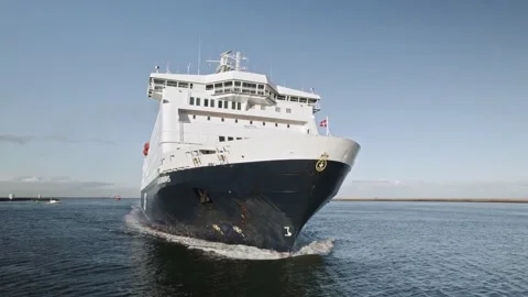 Ferry ship. Aerial front view of DFDS cruiseferry ship entering port Stock Footage