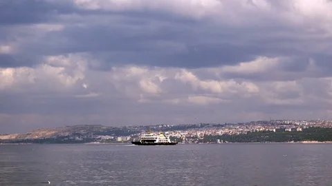 Ferry ship on the coastline background, Turkey Stock Footage 80243047