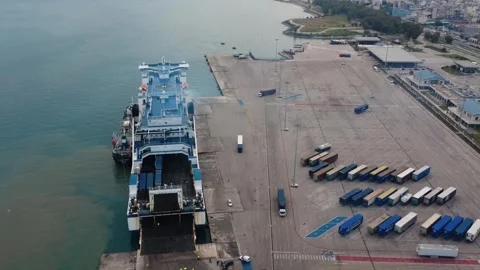 Ferry Ship Ready for Departure During Cargo Loading at Harbor Terminal Stock Footage 343994148