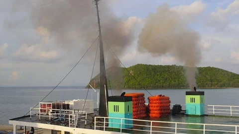 Ferry with Smoke from Engine Sailing in Sea Video stock 71147874