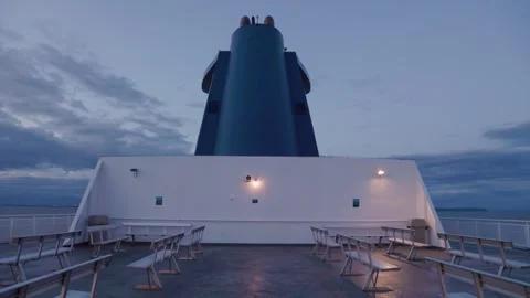 Ferry smokestack on the deck of a ferry at sunset. 4K 24FPS Stock Footage 250950366