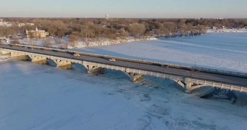 Ferry Street Bridge In Winter Champlin Minnesota - Wide Drone Orbit Shot Stock Footage 228894554