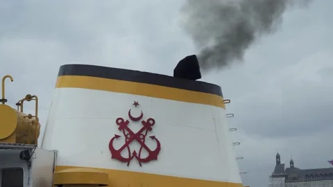 Ferry Throwing Exhaust Gas from Its Funnel Stock Footage 142893595