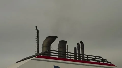 Ferry Upper Deck Exhaust Funnels and Mast Against Grey Overcast Sky 動画素材 336407108