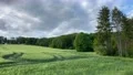 Fertile corn field hill with tracks and buildings and clouds sky stock footage 4k or 4k+ Resolution