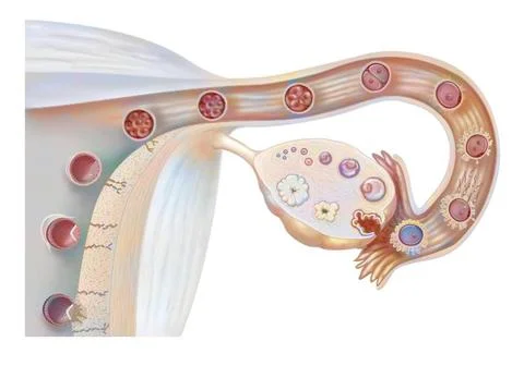 Fertilization drawing Female genitalia: ovarian cycle, ovulation, fertiliz... Stock Photos