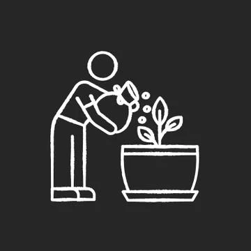Fertilizing seedling chalk white icon on black background. Feeding sapling Illustrazione stock