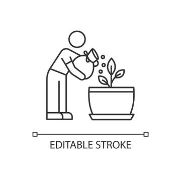 Fertilizing seedling pixel perfect linear icon. Feeding sapling. Growth Illustration