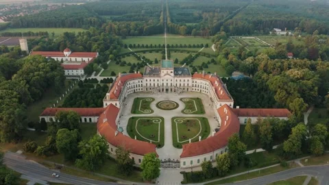 Fertod, Hungary - 4K Aerial view of Eszterhazy Palace at sunrise Stock Footage 202863193