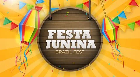 Festa Junina Background with Party Flags, Lantern. Brazil June Festival Backg Stock Illustration