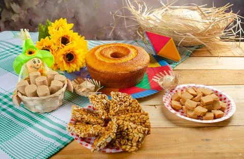 Festa Junina, beautiful rustic table with dishes containing various types o.. Stock Photos