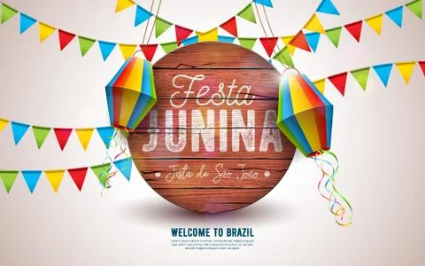 Festa Junina Illustration with Party Flags and Paper Lantern on Yellow Stock Illustration