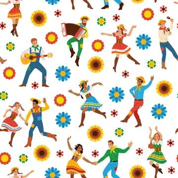 Festa junina seamless pattern. Funny participants and elements, traditional Stock Illustration
