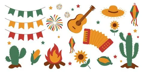 Festa Junina traditional elements with cactus, guitar, corn, fireworks and .. Illustrazione stock