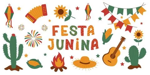 Festa Junina traditional elements with cactus, guitar, corn, fireworks and .. Illustrazione stock