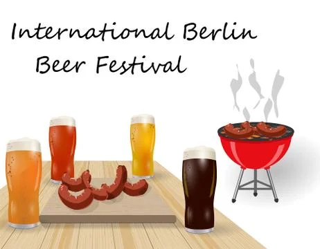 Festival of beer. Different types of beer in glasses. Barbecue and grilled di Stock Illustration