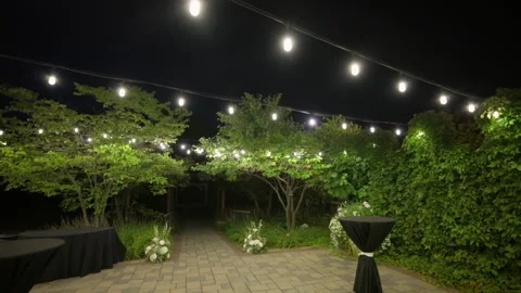 The festival decorative string lights , street lights glow outdoors at the event Stock Footage 304302771