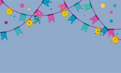 Festival garlands with confetti. Flags on string hanging from above. Upper frame Stock Illustration