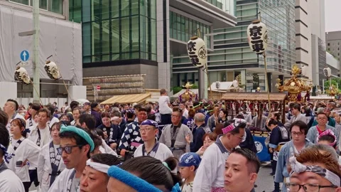 Festival Lanterns and Crowd Beside Modern Tokyo Skyscrapers Stock Footage 340835628