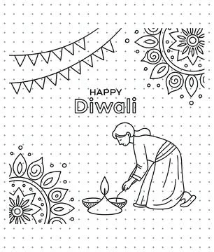 Festival of Lights celebration concept vector featuring woman lighting oil lamps Stock-Illustration