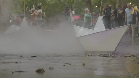 Festival of the Rivers of Sofia with a small boat in a city river Stock Footage 284460103