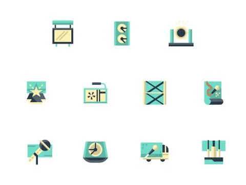 Festival stage flat color vector icons set Stock Illustration