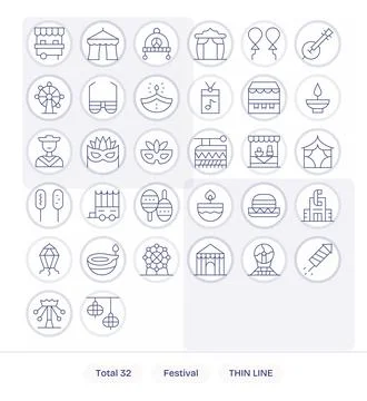 Festival Vector Icon Collection with 32 Retina Ready Thin Line Designs Illustrazione stock