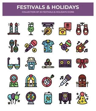 Festivals &amp; Holidays. Collection of 25 Fun Icons 库存插图