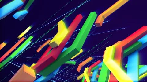 Festive 3d illustration of coming down colorful technical bars having interla Stock Illustration