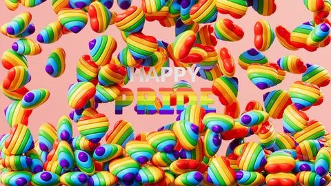 A festive 3D illustration featuring vibrant rainbow-colored hearts floating.. Stock Illustration