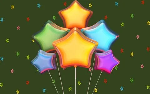Festive 3d illustration, multi-colored stars and balloons on a green background Stock Illustration