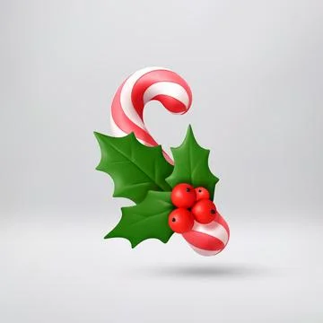 Festive 3d rendered candy cane with green holly Stock Illustration