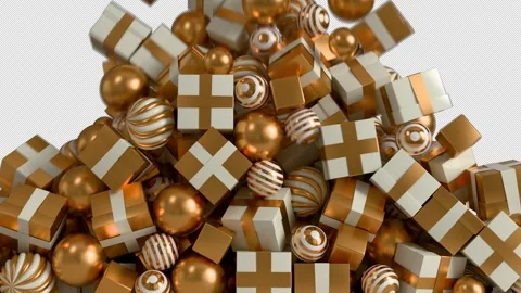 Festive 3D transition of falling golden gifts and Christmas ornament balls .. Stock Footage 321054445
