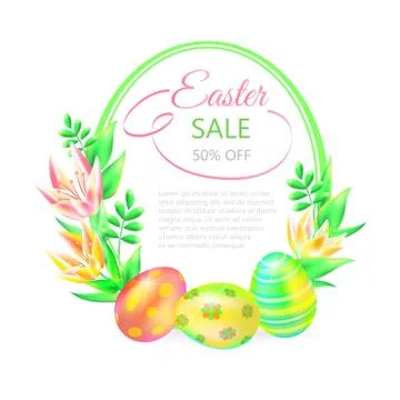 Festive 3d vector ground. Easter sale. Easter eggs and flower in white Stock Illustration