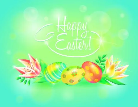 Festive 3d vector ground. Happy Easter. Easter eggs and flower in sparkling Stock Illustration