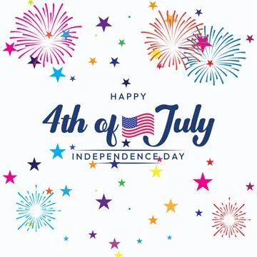 Festive 4th of July Script Typography with Colorful Fireworks and Stars Illustrazione stock