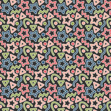 Festive abstract seamless pattern. Geometric shapes, colorful elements with Stock Illustration